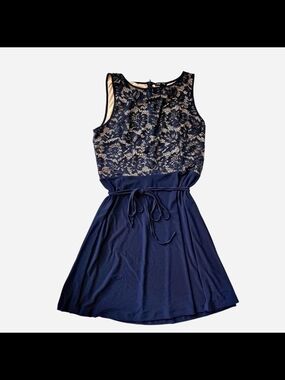 Roz & Ali Navy Lace-Front Sleeveless Fit-and-Flare Dress